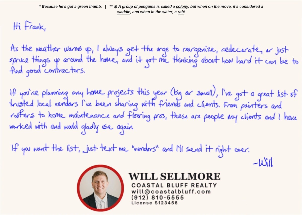 The back of a card with a written note, the agent's photo and contact details