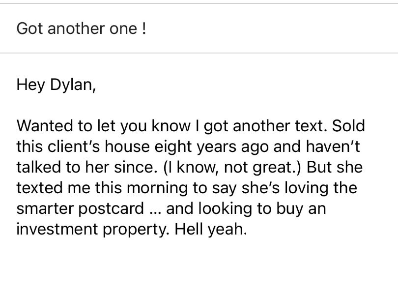 An agent writing that a client whose house she sold eight years ago texted to buy an investment property