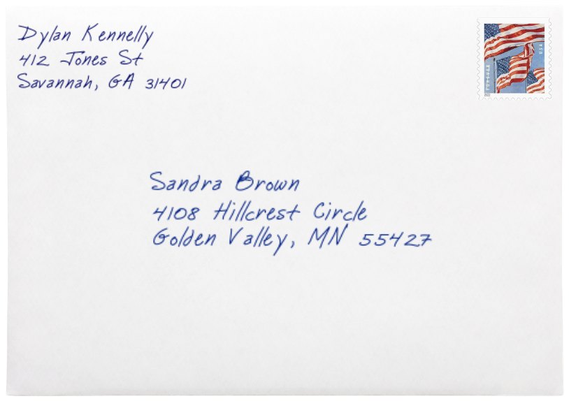 A white wedding-style envelope addressed in blue ink with a real flag stamp