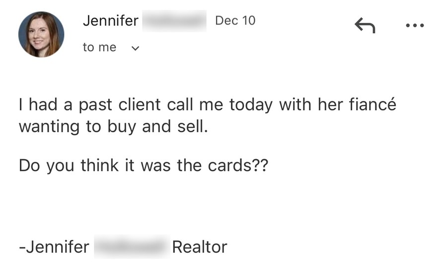 An agent emailing that a past client called with her fiance wanting to buy and sell