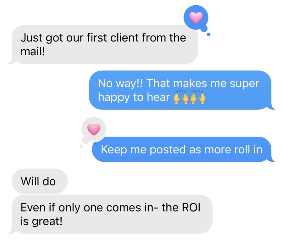 An agent texting that they just got their first client from the mail