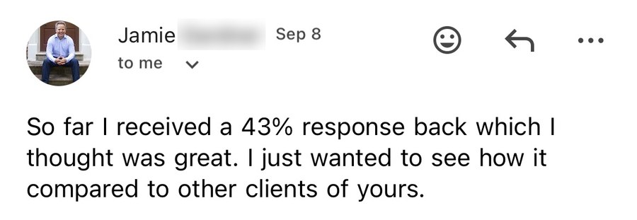 An agent emailing that so far he has received a 43 percent response back from the cards