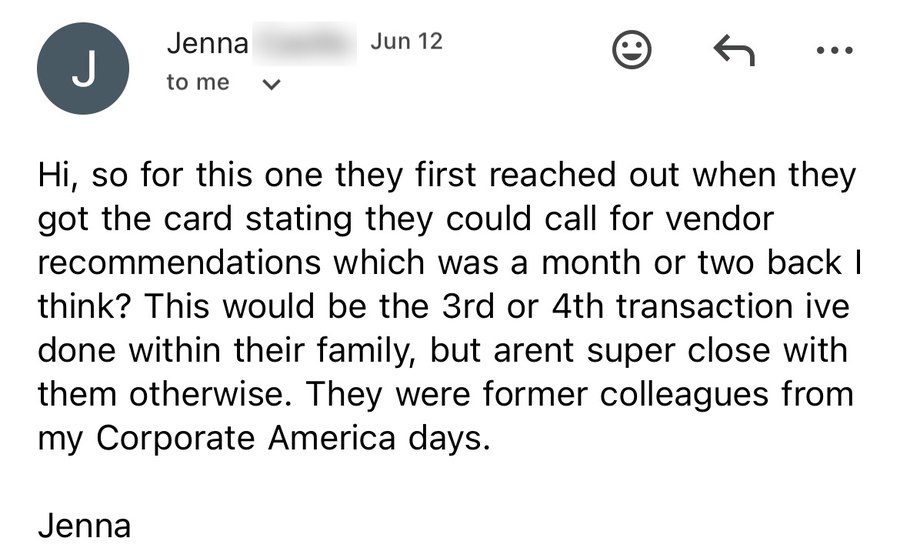 An agent emailing that a family first reached out after the vendor-recommendations card, leading to her third or fourth transaction with that family