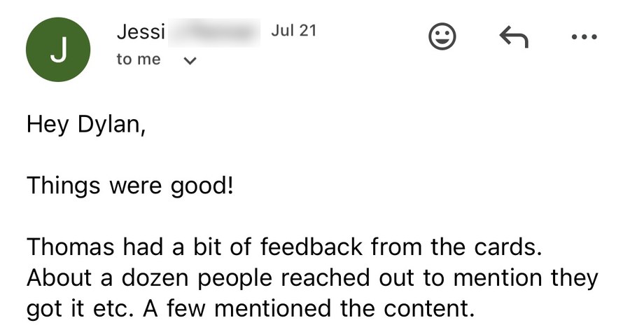 An agent emailing that about a dozen people reached out after getting the cards, and a few mentioned the content