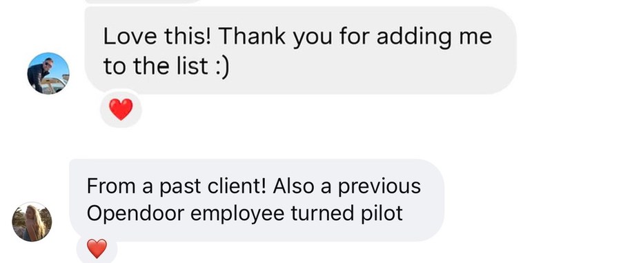 A past client messaging thank you for adding me to the list, shared by the agent