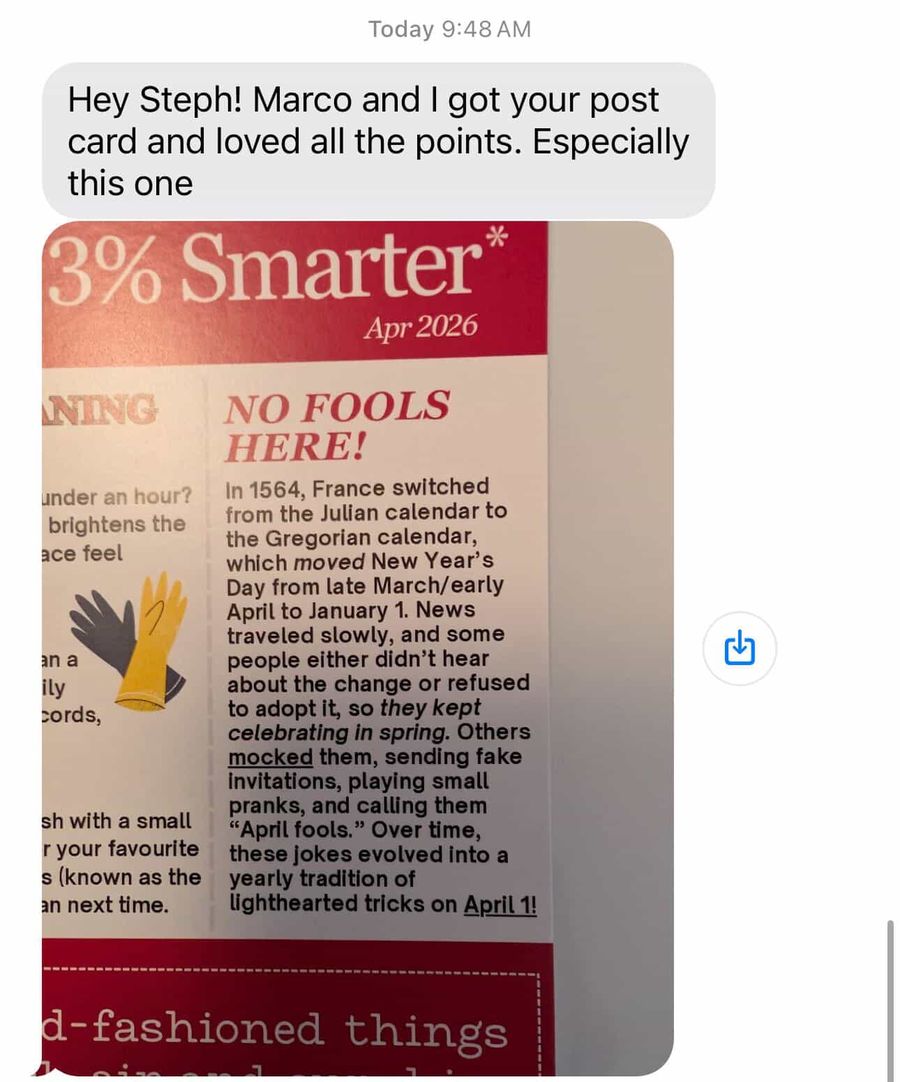 A recipient texting a photo of the 3% Smarter Postcard saying they loved all the points