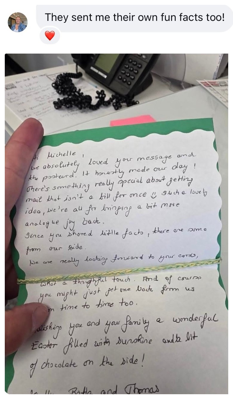 An agent sharing a handwritten letter from two people on her list who loved the postcard and wrote back with fun facts of their own