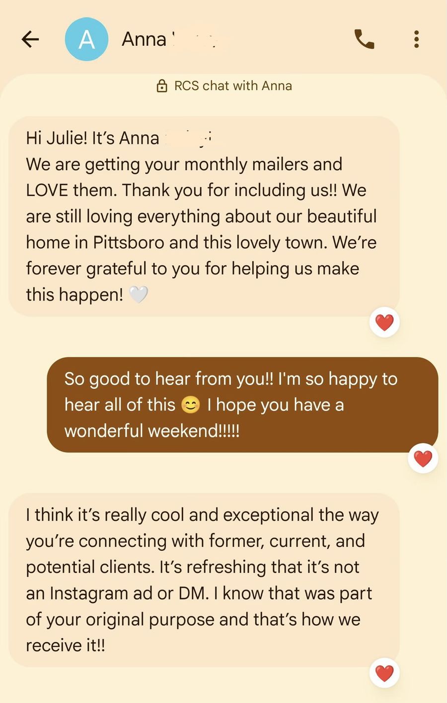 A past client texting that she loves the monthly mailers and finds it refreshing that it is not an Instagram ad