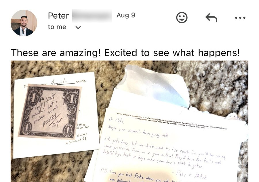 An agent emailing a photo of his first cards and the welcome note, saying these are amazing