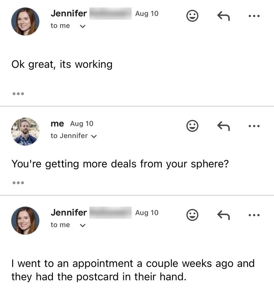 An agent writing that she went to an appointment and the clients had the postcard in their hand