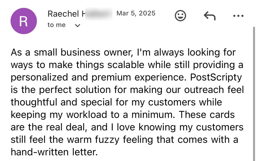 A small business owner writing that the cards are the real deal and her customers still feel the warm feeling of a handwritten letter