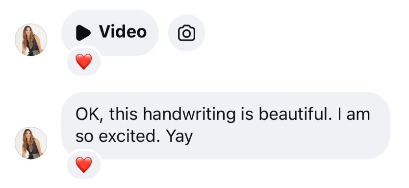 An agent messaging that the handwriting on her first batch of cards is beautiful and she is so excited
