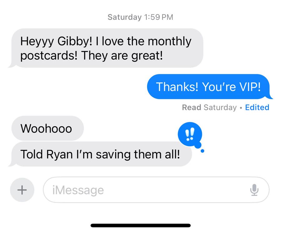 A recipient texting that she loves the monthly postcards and is saving them all