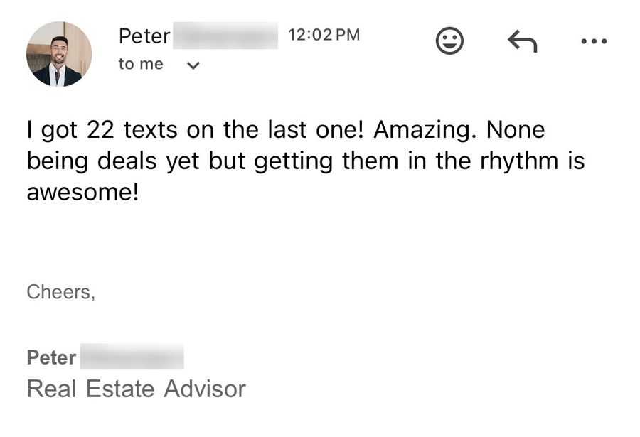 An agent emailing that he got 22 texts from one mailing